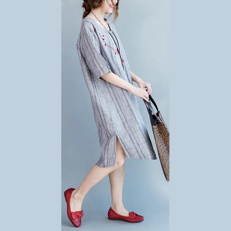 Light Gray Plaid Cotton Linen Dresses Half Sleeve Pockets O Neck Embroidery Cotton Linen Clothing Dresses