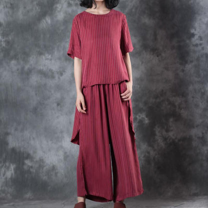 New Red Low High Design Silk Tops and Wide Leg Pants Two Pieces