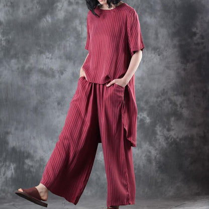 New Red Low High Design Silk Tops and Wide Leg Pants Two Pieces