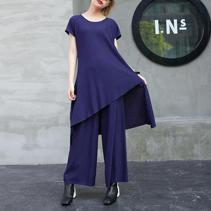 New Cotton Two Pieces Asymmetric Hem Tops and Elastic Waist Wide Leg Pants