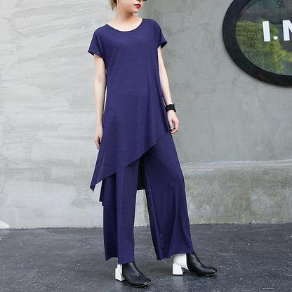 New Cotton Two Pieces Asymmetric Hem Tops and Elastic Waist Wide Leg Pants