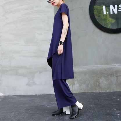 New Cotton Two Pieces Asymmetric Hem Tops and Elastic Waist Wide Leg Pants