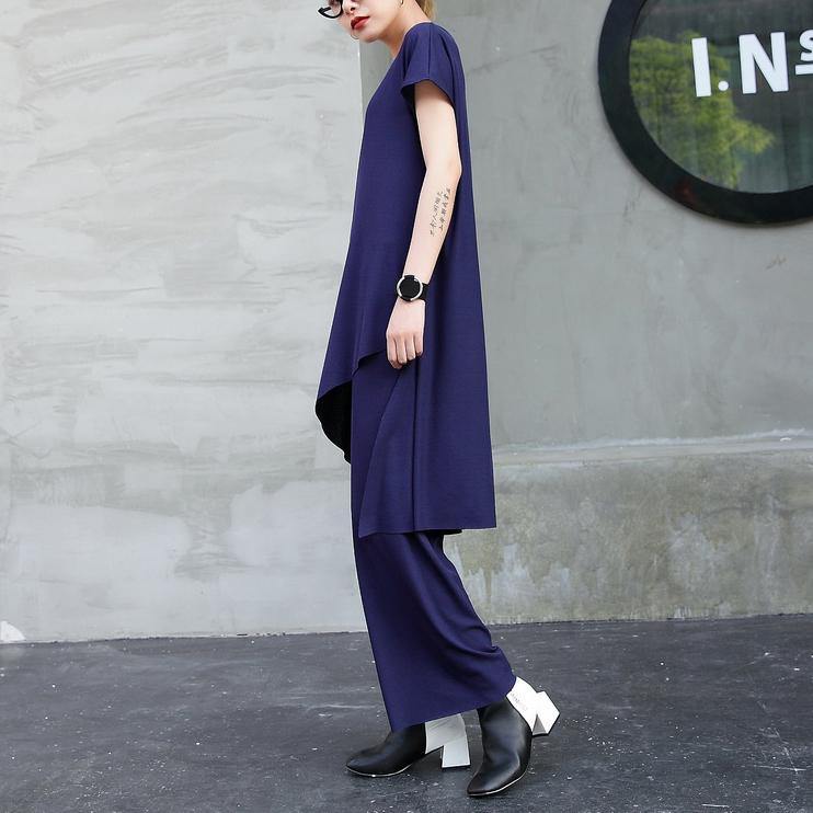 New Cotton Two Pieces Asymmetric Hem Tops and Elastic Waist Wide Leg Pants