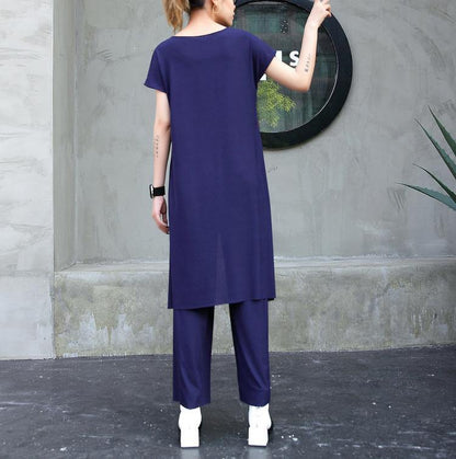 New Cotton Two Pieces Asymmetric Hem Tops and Elastic Waist Wide Leg Pants