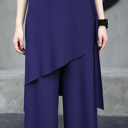 New Cotton Two Pieces Asymmetric Hem Tops and Elastic Waist Wide Leg Pants