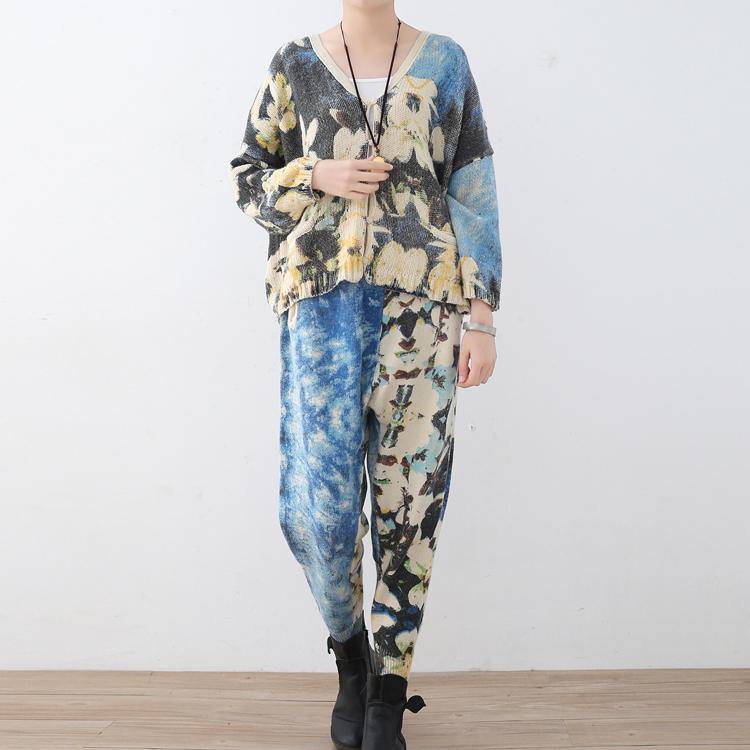 New Spring Two Pieces Blue Prints Knit Sweater and Patchwork Pants