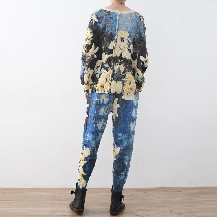 New Spring Two Pieces Blue Prints Knit Sweater and Patchwork Pants