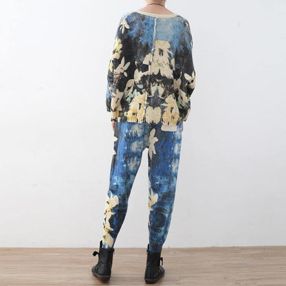 New Spring Two Pieces Blue Prints Knit Sweater and Patchwork Pants