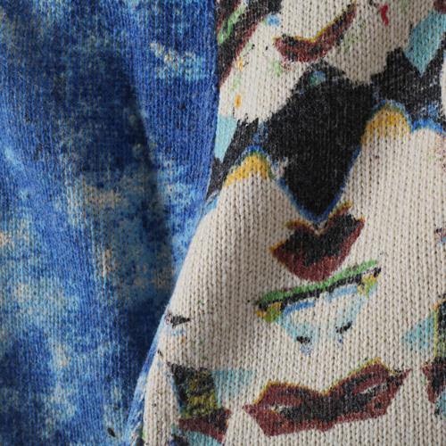 New Spring Two Pieces Blue Prints Knit Sweater and Patchwork Pants