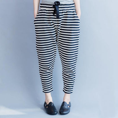 New Striped Cotton Crop Pants Cotton Elastic Waist Drawstring Harem Pants
