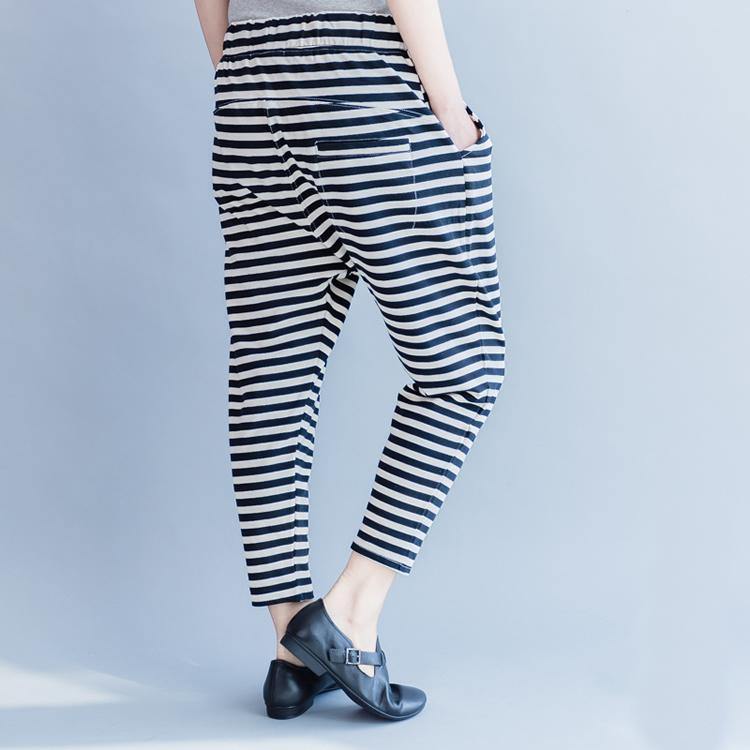New Striped Cotton Crop Pants Cotton Elastic Waist Drawstring Harem Pants