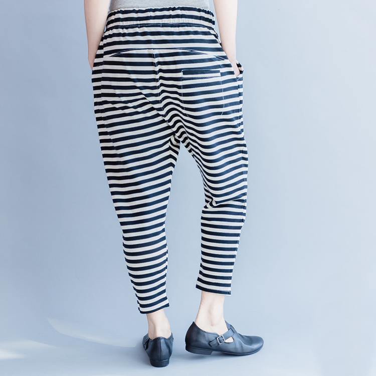 New Striped Cotton Crop Pants Cotton Elastic Waist Drawstring Harem Pants