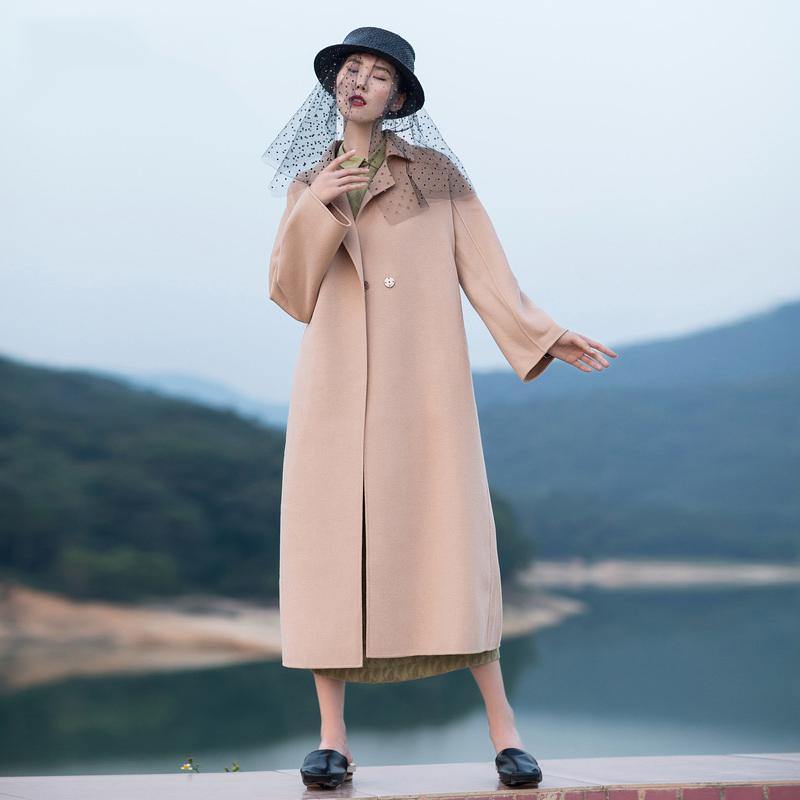 Nude Pink Wool Coat Tie Waist Winter Coat Lapel Collar Jacket
