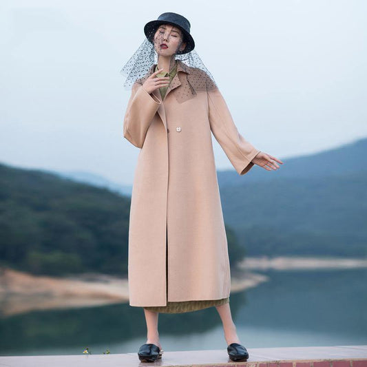 Nude Pink Wool Coat Tie Waist Winter Coat Lapel Collar Jacket