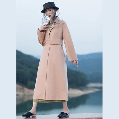 Nude Pink Wool Coat Tie Waist Winter Coat Lapel Collar Jacket