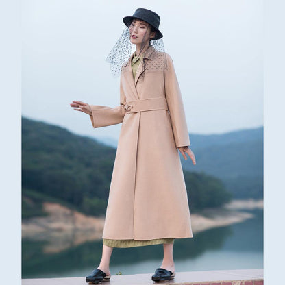 Nude Pink Wool Coat Tie Waist Winter Coat Lapel Collar Jacket