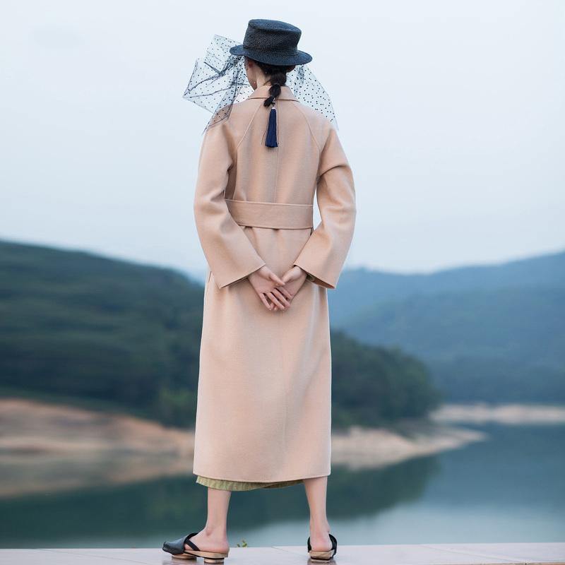 Nude Pink Wool Coat Tie Waist Winter Coat Lapel Collar Jacket