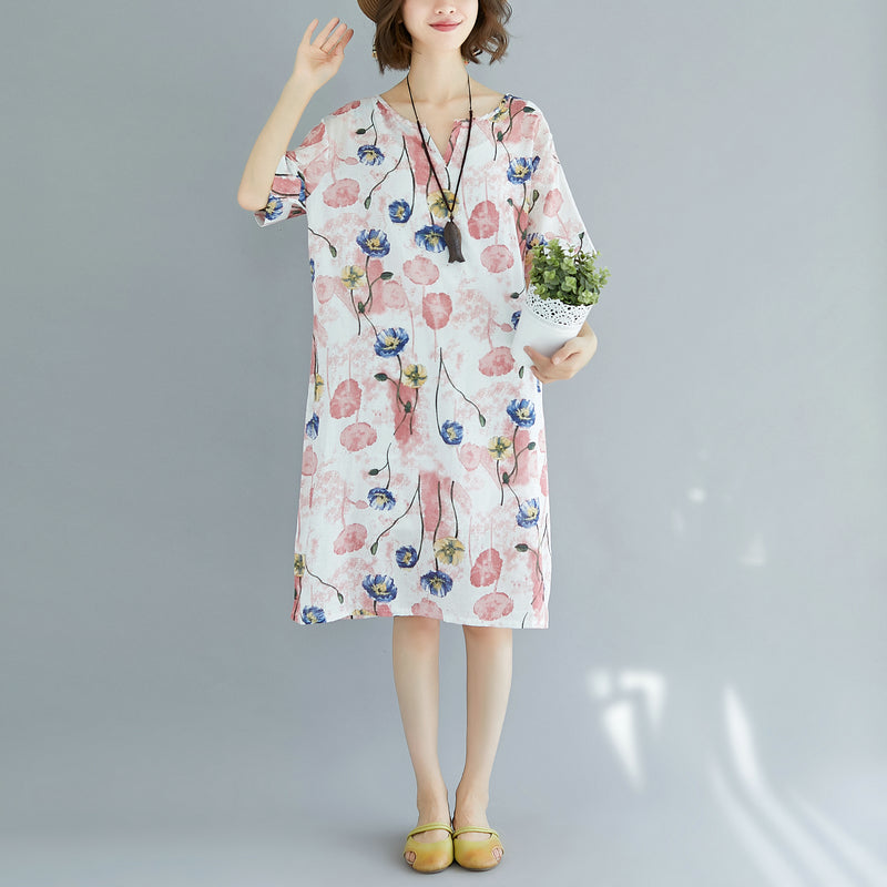 Pink Midi Cotton Dresses Cotton Dress Short Sleeve V Neck Cotton Clothing Dress
