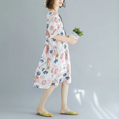 Pink Midi Cotton Dresses Cotton Dress Short Sleeve V Neck Cotton Clothing Dress