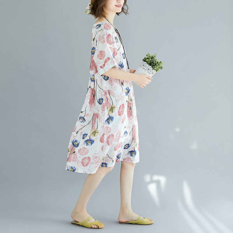 Pink Midi Cotton Dresses Cotton Dress Short Sleeve V Neck Cotton Clothing Dress