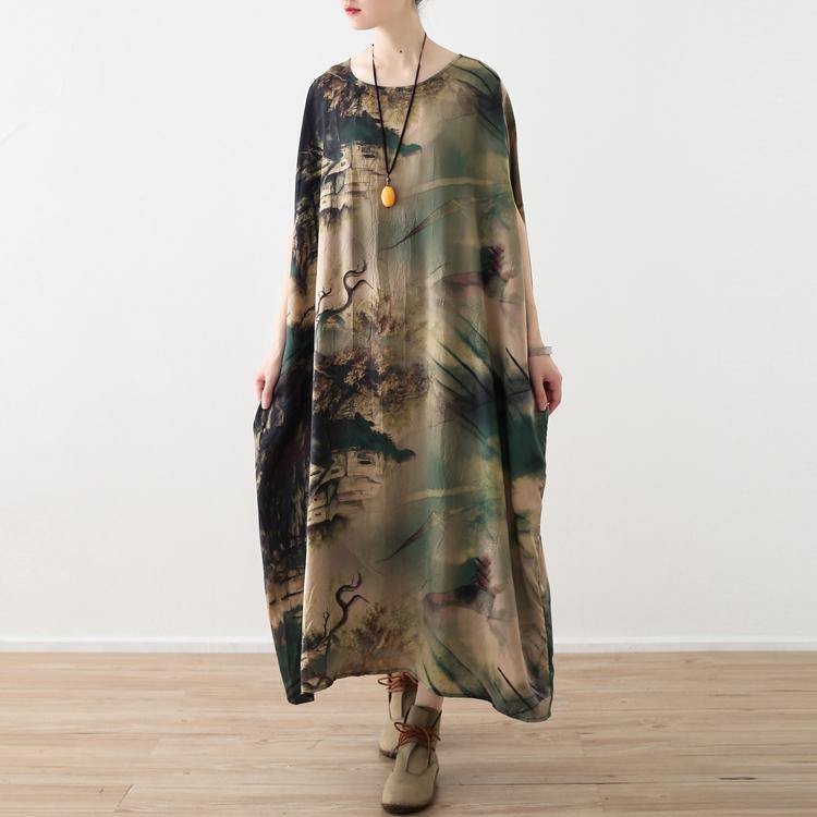 Prints Chiffon Maxi Dress Oversize O Neck Chiffon Maxi Dress Short Sleeve Maxi Dresses
