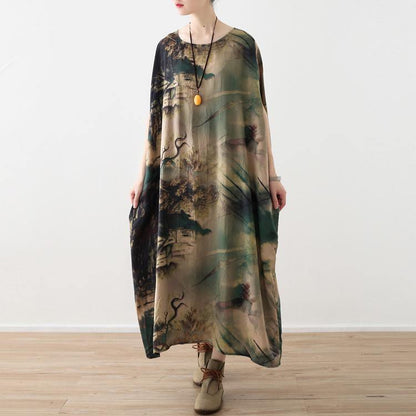Prints Chiffon Maxi Dress Oversize O Neck Chiffon Maxi Dress Short Sleeve Maxi Dresses
