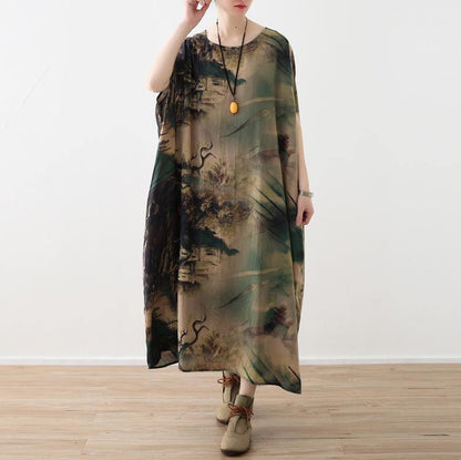 Prints Chiffon Maxi Dress Oversize O Neck Chiffon Maxi Dress Short Sleeve Maxi Dresses