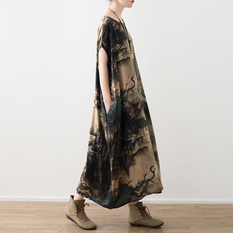 Prints Chiffon Maxi Dress Oversize O Neck Chiffon Maxi Dress Short Sleeve Maxi Dresses