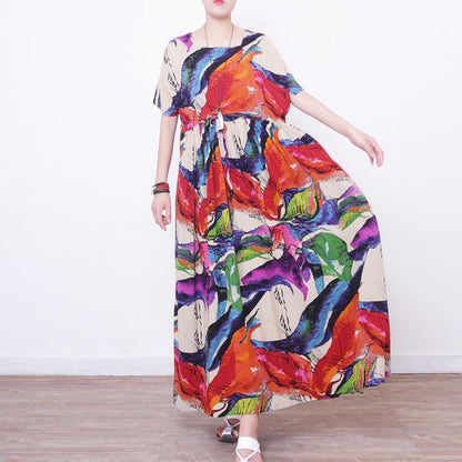 Prints Linen Maxi Dress Oversize O Neck Linen Maxi Dress Short Sleeve Maxi Dresses