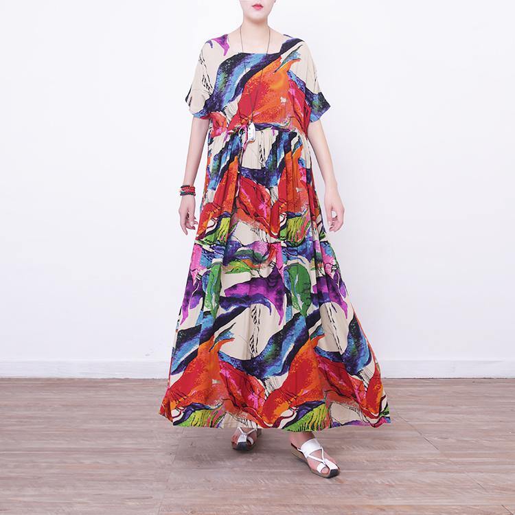 Prints Linen Maxi Dress Oversize O Neck Linen Maxi Dress Short Sleeve Maxi Dresses