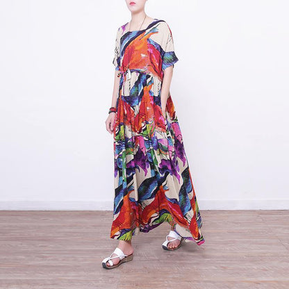 Prints Linen Maxi Dress Oversize O Neck Linen Maxi Dress Short Sleeve Maxi Dresses
