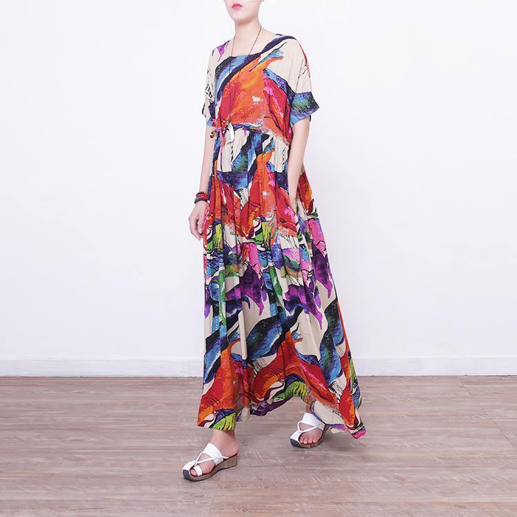 Prints Linen Maxi Dress Oversize O Neck Linen Maxi Dress Short Sleeve Maxi Dresses