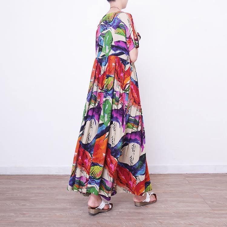Prints Linen Maxi Dress Oversize O Neck Linen Maxi Dress Short Sleeve Maxi Dresses