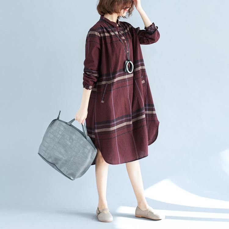 Red Plaid Natural Cotton Linen Shirt Dress Traveling Dress Long Sleeve Pockets Turn-down Collar Natural Cotton Linen Shirt Dress