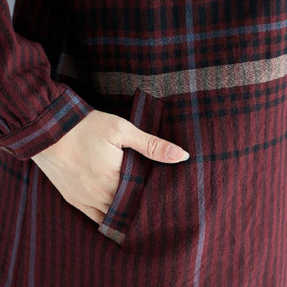 Red Plaid Natural Cotton Linen Shirt Dress Traveling Dress Long Sleeve Pockets Turn-down Collar Natural Cotton Linen Shirt Dress
