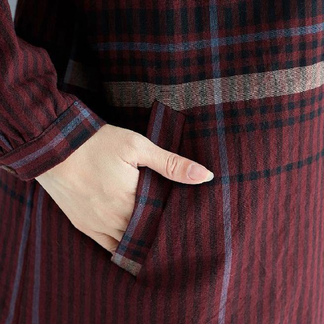 Red Plaid Natural Cotton Linen Shirt Dress Traveling Dress Long Sleeve Pockets Turn-down Collar Natural Cotton Linen Shirt Dress