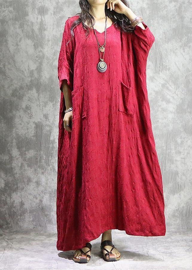 Red Autumn Linen Dress Loose Fitting V Neck Baggy Pockets Jacquard Dresses