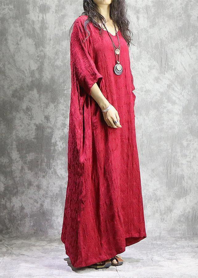Red Autumn Linen Dress Loose Fitting V Neck Baggy Pockets Jacquard Dresses