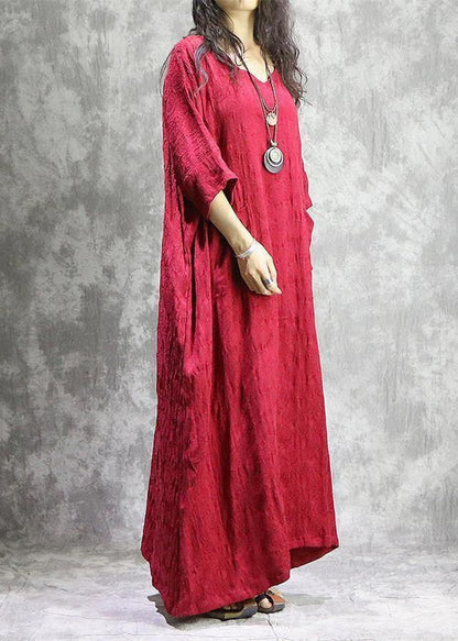 Red Autumn Linen Dress Loose Fitting V Neck Baggy Pockets Jacquard Dresses