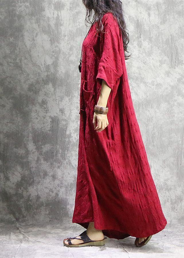 Red Autumn Linen Dress Loose Fitting V Neck Baggy Pockets Jacquard Dresses