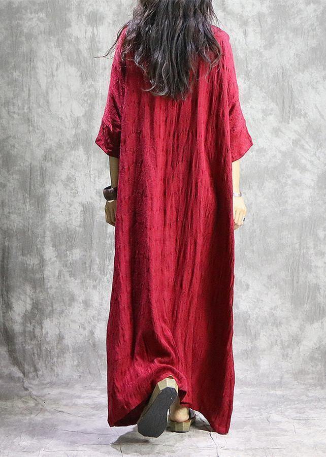 Red Autumn Linen Dress Loose Fitting V Neck Baggy Pockets Jacquard Dresses