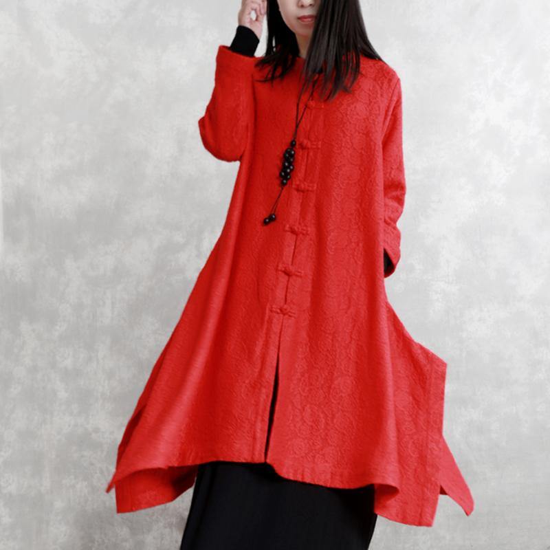 Red Coats Oversize Stand Jacquard Maxi Coat Long Sleeve Pockets Long Coat