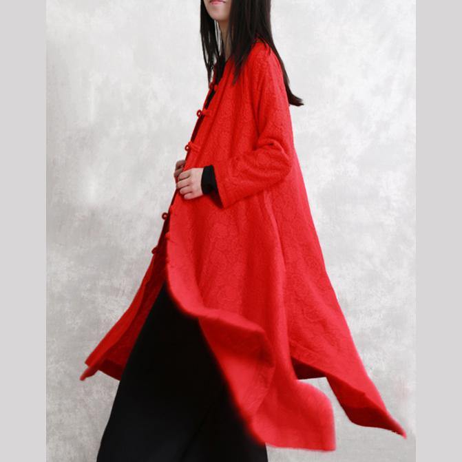 Red Coats Oversize Stand Jacquard Maxi Coat Long Sleeve Pockets Long Coat