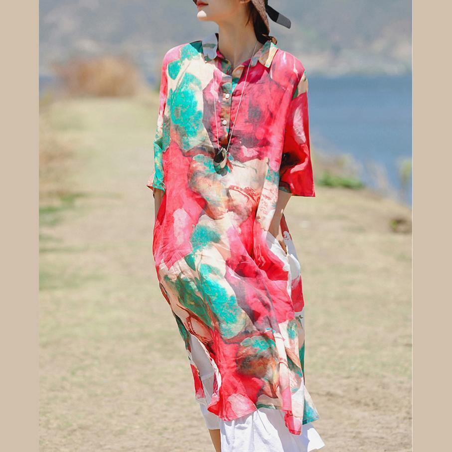 Red Print Chiffon Dresses Clothing Turn-down Collar Chiffon Clothing Dress Boutique Three Quarter Sleeve Side Open Dresses