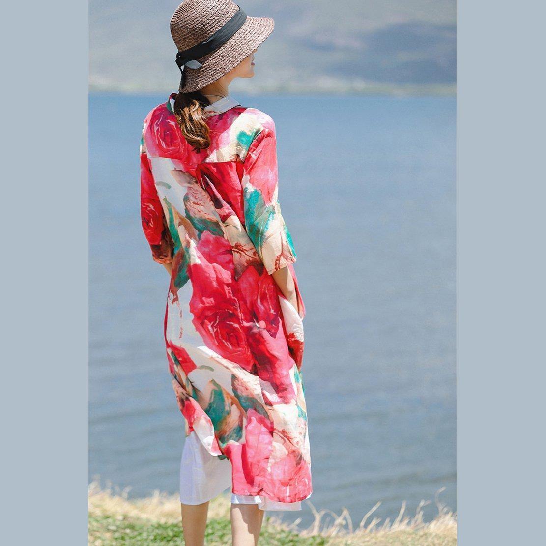 Red Print Chiffon Dresses Clothing Turn-down Collar Chiffon Clothing Dress Boutique Three Quarter Sleeve Side Open Dresses