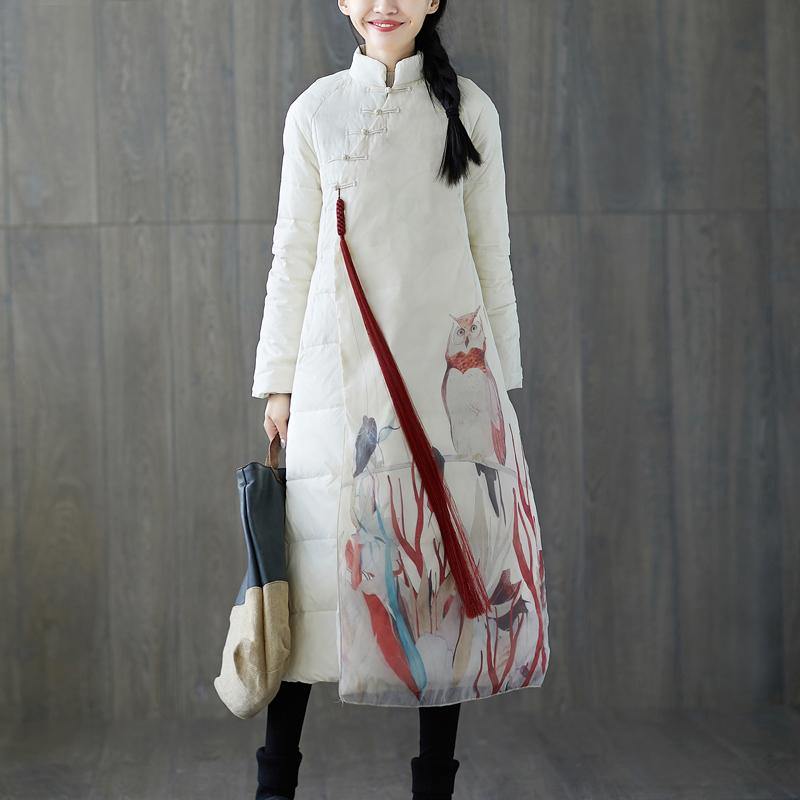 Thick White Print Down Coat Stand Collar Patchwork Chinese Button Down Coat