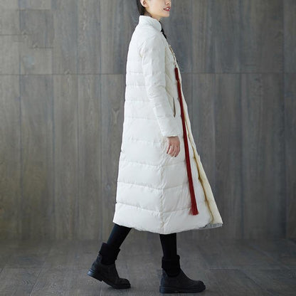 Thick White Print Down Coat Stand Collar Patchwork Chinese Button Down Coat
