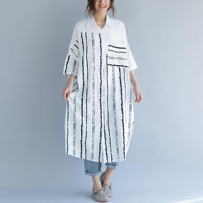 White Cotton Dress Clothing Dresses Bracelet Sleeved Patchwork Turn-down Collar Striped Cotton Dresses