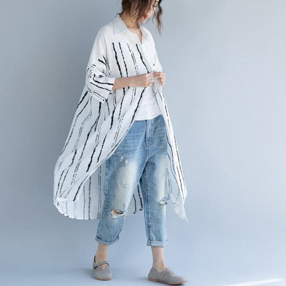 White Cotton Dress Clothing Dresses Bracelet Sleeved Patchwork Turn-down Collar Striped Cotton Dresses