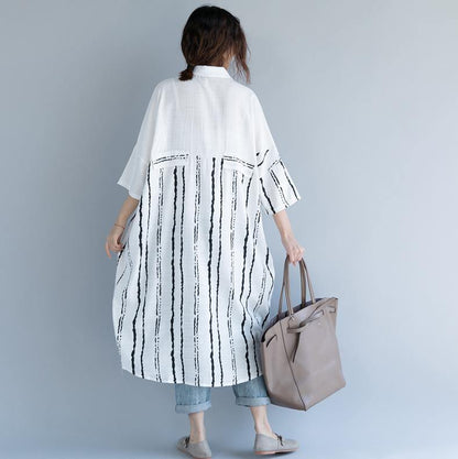 White Cotton Dress Clothing Dresses Bracelet Sleeved Patchwork Turn-down Collar Striped Cotton Dresses